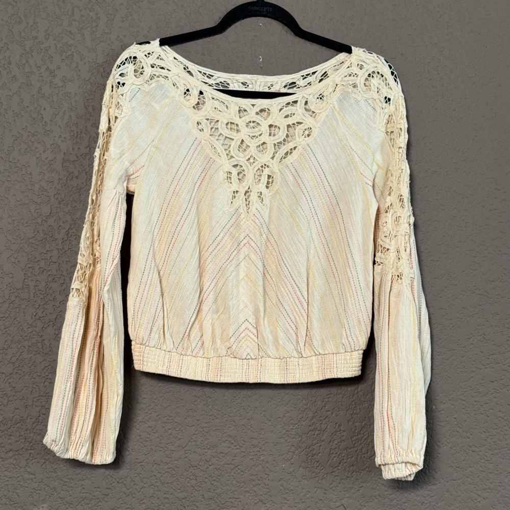 Free People Floating Memories Top Stripes Womens Medium Cotton Crochet Boho XS